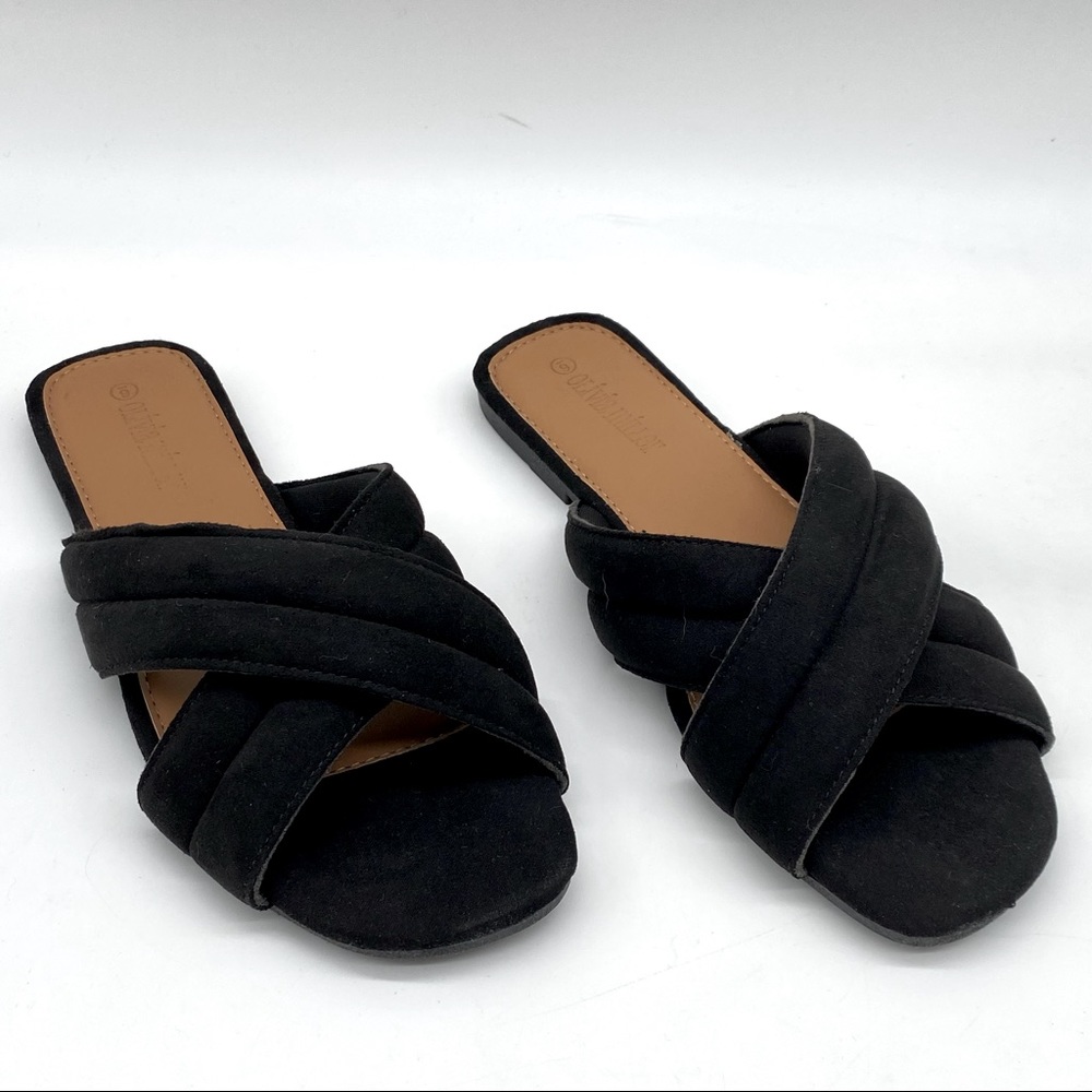 OLIVIA MILLER 
Jericho Slip on square toe faux leather Sandals in Black